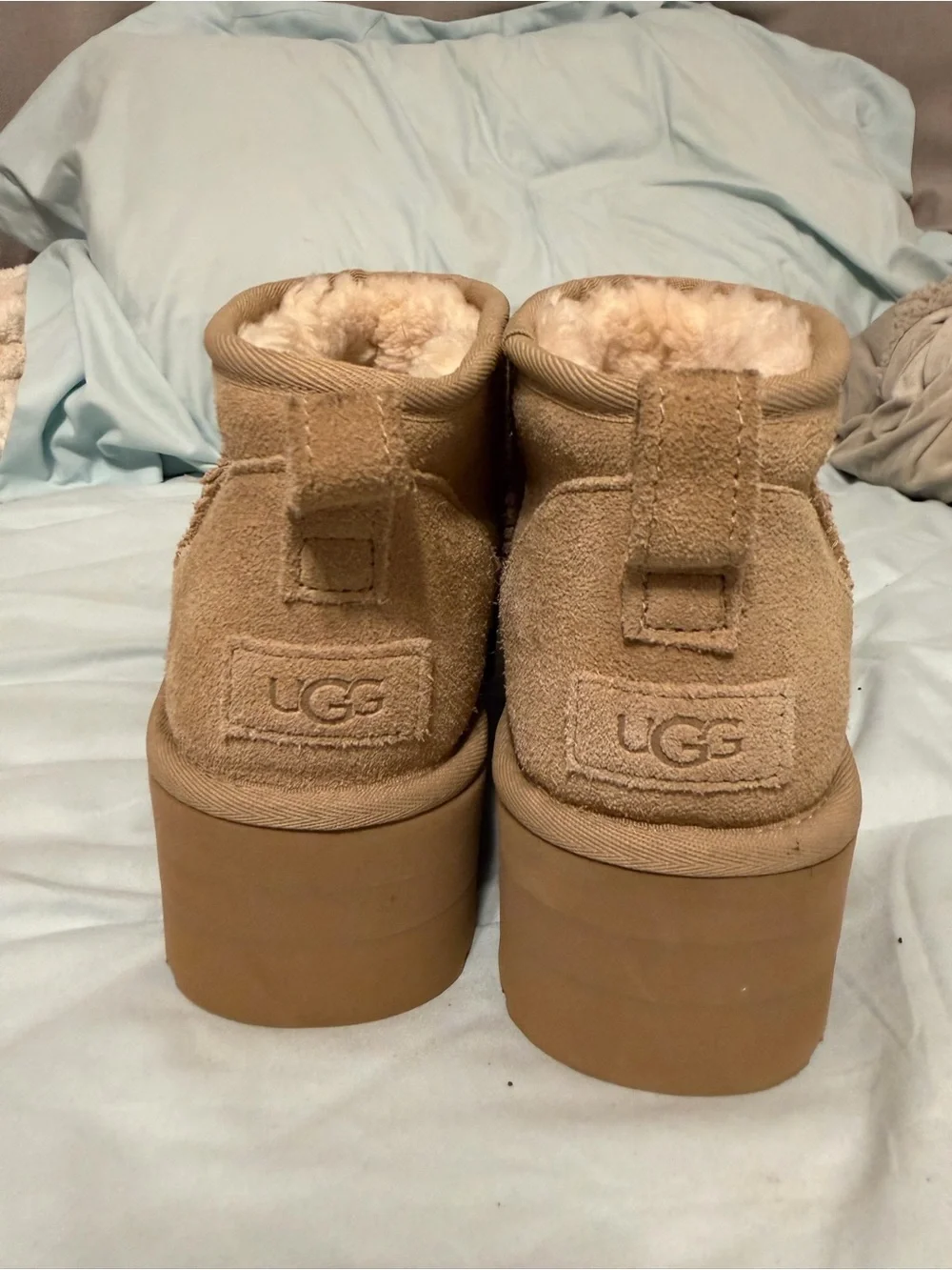 UGG Tan Suede sand Platform mini boots  worn once basically new
